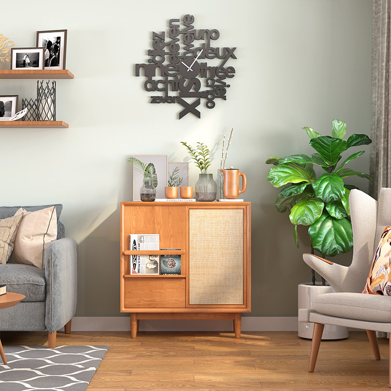 Nordic Solid Wood With Door Bookcase Multifunction Magazine Cabinet Day Style Brief rattan chic containing cabinet Cupboard Side Cabinet