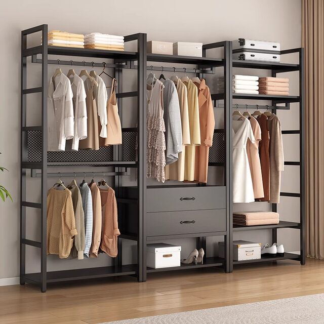 Open metal wardrobe frame bedroom floor hanging clothes rack 2025 new walk-in closet assembly shelf