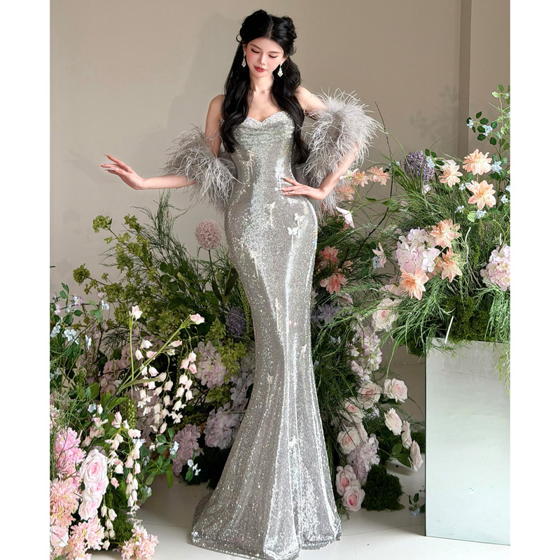 Silver Strapless Evening Dress for Women, Heavy Sequin Feather Mermaid Gown, Bridal High-End Banquet Birthday Adult Art Exam Silver Strapless Evening Dress for Women, Heavy Sequin Feather Mermaid Gown, Bridal High-End Banquet Birthday Adult Art Exam