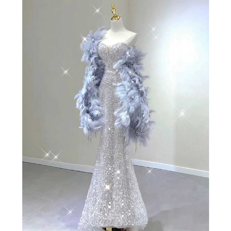 Engagement Strapless Evening Dress for Women 2026 New High-End Texture Sexy Sequin Fishtail Skirt Feather Bride Toast Dress Engagement Strapless Evening Dress for Women 2026 New High-End Texture Sexy Sequin Fishtail Skirt Feather Bride Toast Dress