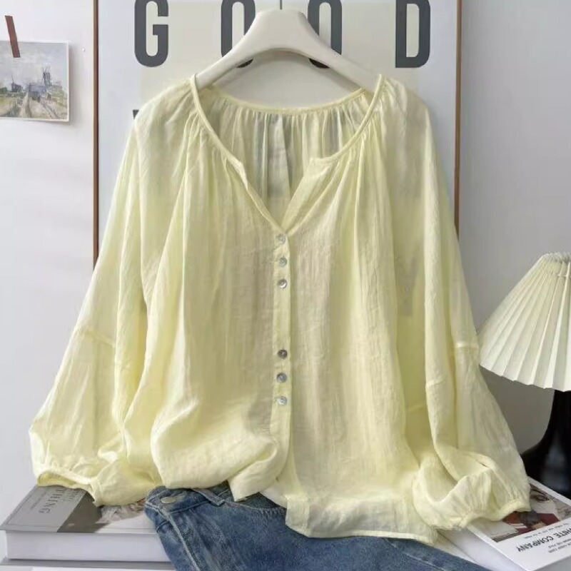 Japanese-Style Sweet Sun-Protective Light Yellow Chiffon Shirt for Women, Layered Look, 2025 Summer New Loose Fit, Covers Body, Versatile Shirt