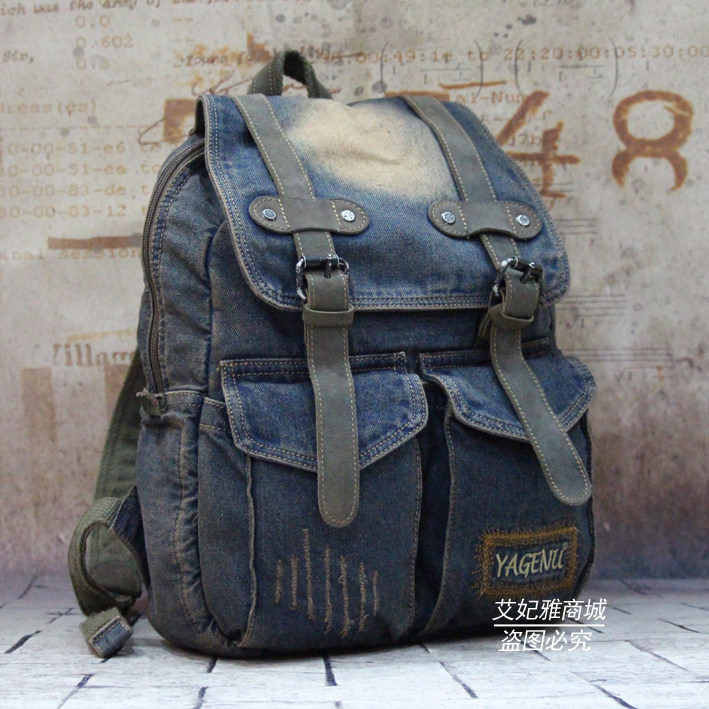 Yagenu Korean version of campus girls denim backpack student schoolbag retro casual computer bag with cowhide hijab