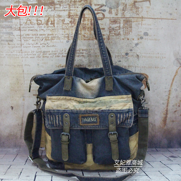 Agnu Europe and the United States fashion retro denim with cowhide oversized shoulder bag messenger tote bag casual Korean version