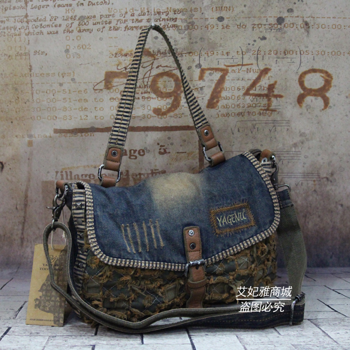 Agnu retro nostalgic ladies ripped denim bag horizontal single shoulder messenger bag casual tassel bag Korean trend