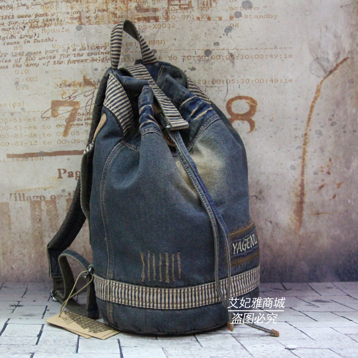 Yagenu's new Korean version of the contrasting color retro trendy women's bag denim canvas bag bucket backpack travel backpack school bag