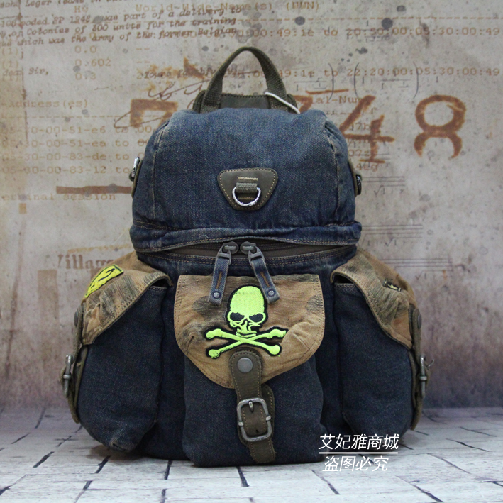 Agnu's new European and American fashion retro denim backpack trendy female student cloth sticker badge casual backpack school bag