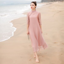 Literary retro improvement Hanfu Cheongsam dress 2020 summer new ethnic Chinese style plate buckle womens tea dress zen