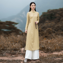 Chinese style retro disc buckle Hanfu improved version qipao dress dress lady Spring and autumn cotton numb art Zen tea suit Chinese wind