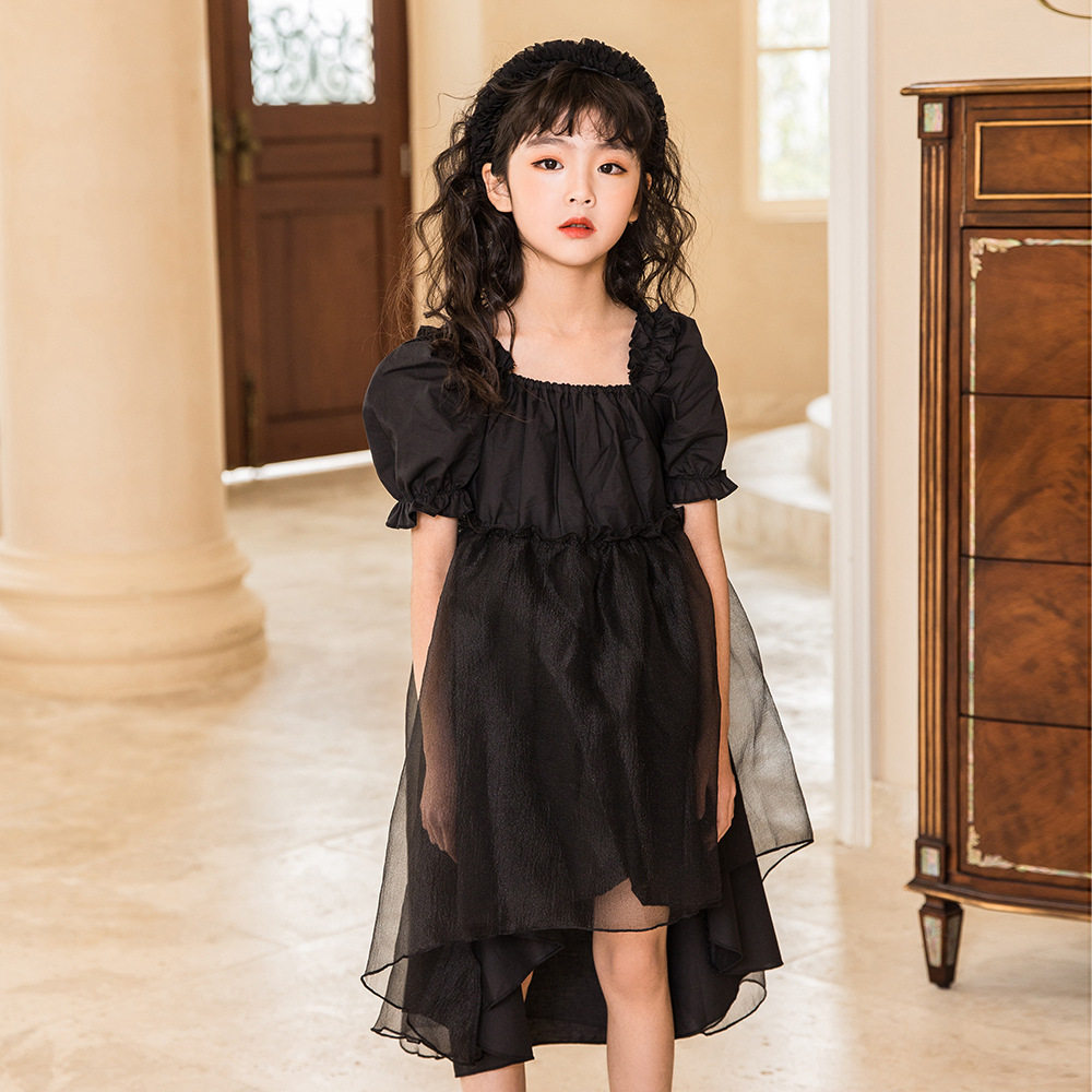 Middle-aged girls puff sleeve mesh skirt 2022 spring and summer new Korean children's clothing black fishtail skirt princess skirt