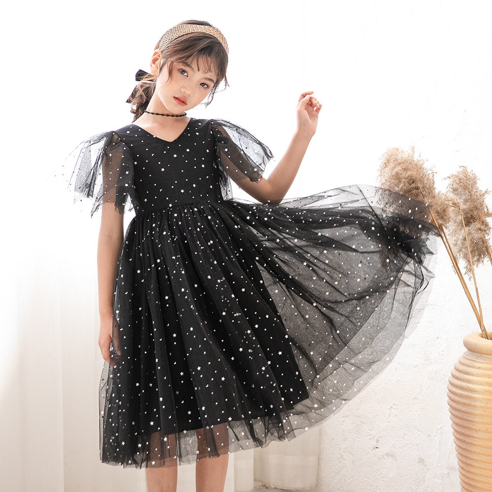 Middle school girls star mesh skirt spring and summer pink black and white champagne gray dress explosion style super fairy princess dress