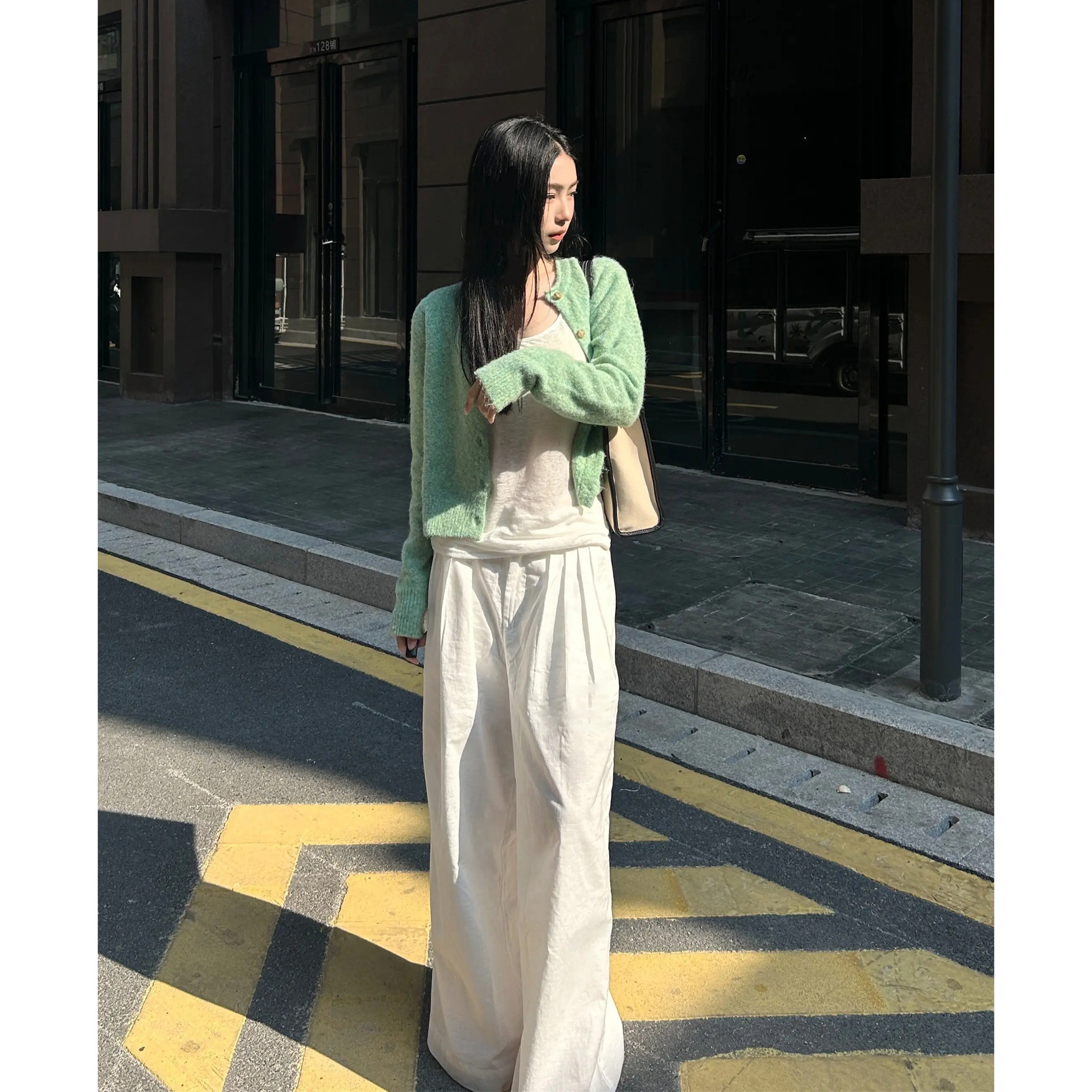 韩式时尚巨好看潮温柔慵懒风绿色针织开衫女宽松薄款叠穿毛衣外套