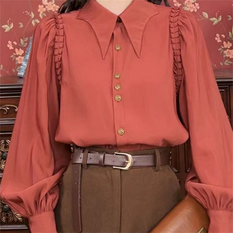 秋装纯色单排扣上衣港风复古翻领泡泡袖衬衫女时尚百搭减龄衬衣潮