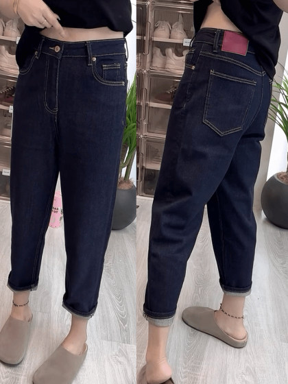 春季新款深蓝色弹力哈伦裤大码胖mm梨型身材裤子显瘦宽松老爹裤子