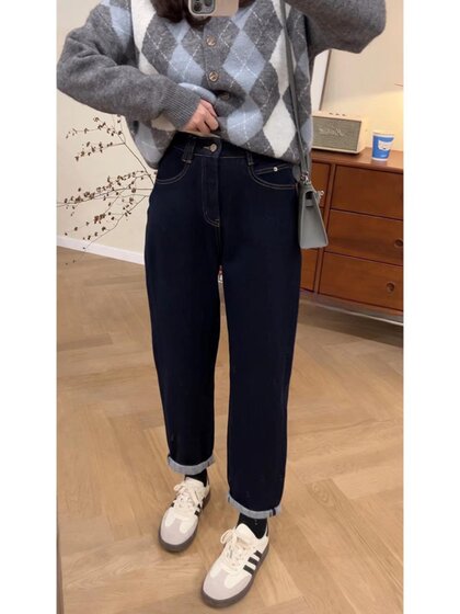 春季新款深蓝色哈伦牛仔裤女显瘦大码胖mm梨形身材裤子直筒老爹裤