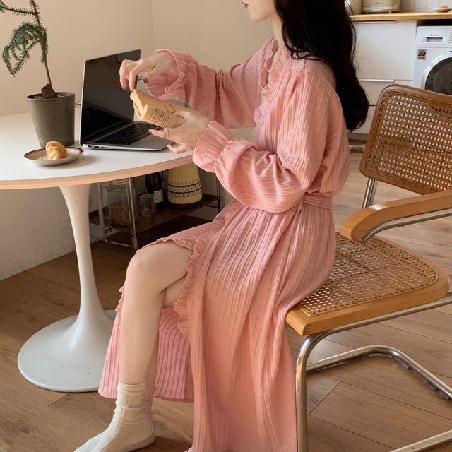 Nightgown for women autumn and winter pure cotton sweet lace-up bathrobe bathrobe long spring and summer thin dressing gown home wear pajamas