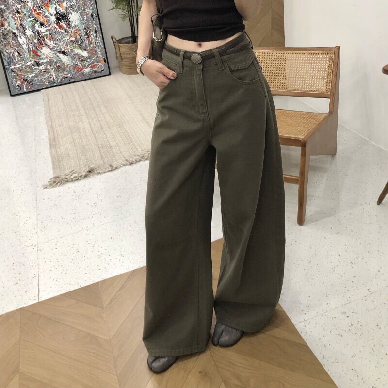 Vintage Washed Moss Green Jeans for Women, Loose Fit, Slimming, Slightly Curved Wide-Leg Casual Pants (with Belt) Vintage Washed Moss Green Jeans for Women, Loose Fit, Slimming, Slightly Curved Wide-Leg Casual Pants (with Belt)