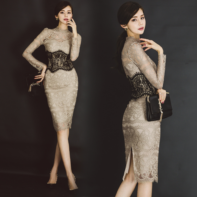 2019 new spring dress, lace, slim bag, hip, waist, slim, long-sleeved, temperament, slim lady