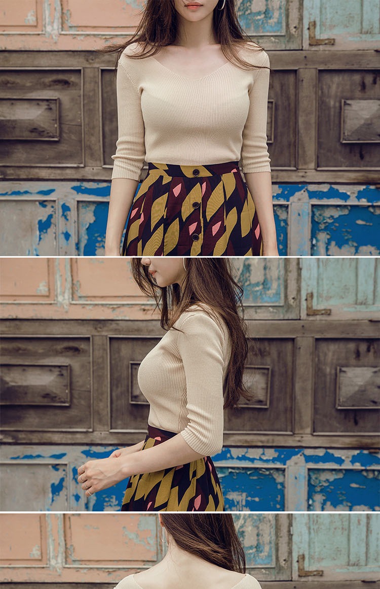 2019 mùa thu mới phía trước và phía sau áo cổ chữ V tay áo len bảy điểm đầu của phụ nữ Slim thời trang áo sơ mi bó sát áo nữ trung niên