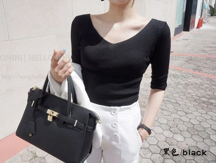 2019 mùa thu mới phía trước và phía sau áo cổ chữ V tay áo len bảy điểm đầu của phụ nữ Slim thời trang áo sơ mi bó sát áo len thun nữ