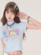 Pure Desire Half Turtle Collar Cartoon Print Short-Sleeved Right Shoulder T-Shirt Women's Summer Sweet and Spicy Y2K Subculture Slim Short Top