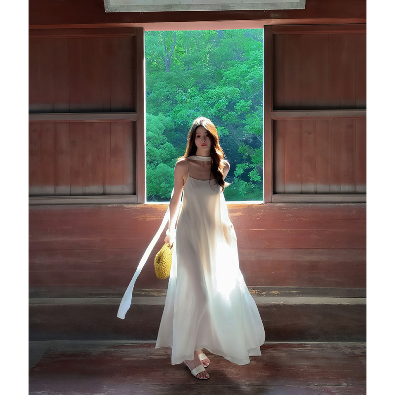 Ah·Jing Zi Jing Simple Spaghetti Strap Dress for Women, Summer 2025, Summer Vacation Fairy Dress, Elegant 0584