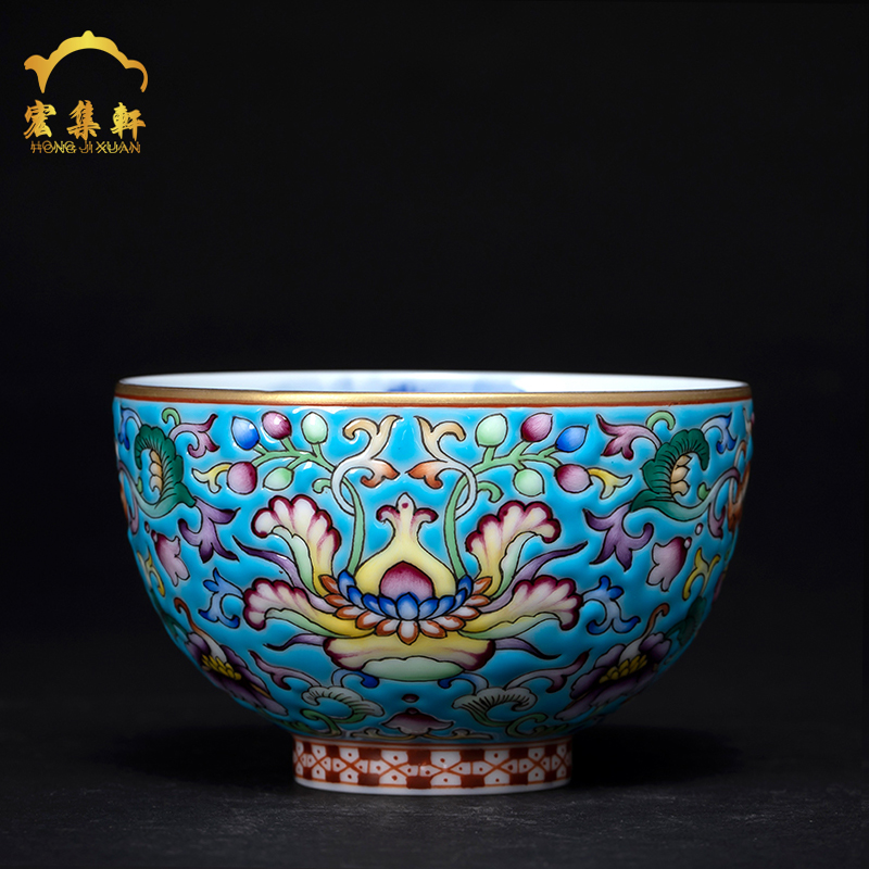 Colored enamel tea sets jingdezhen blue and white landscape paint cup master kung fu tea cup single cup sample tea cup