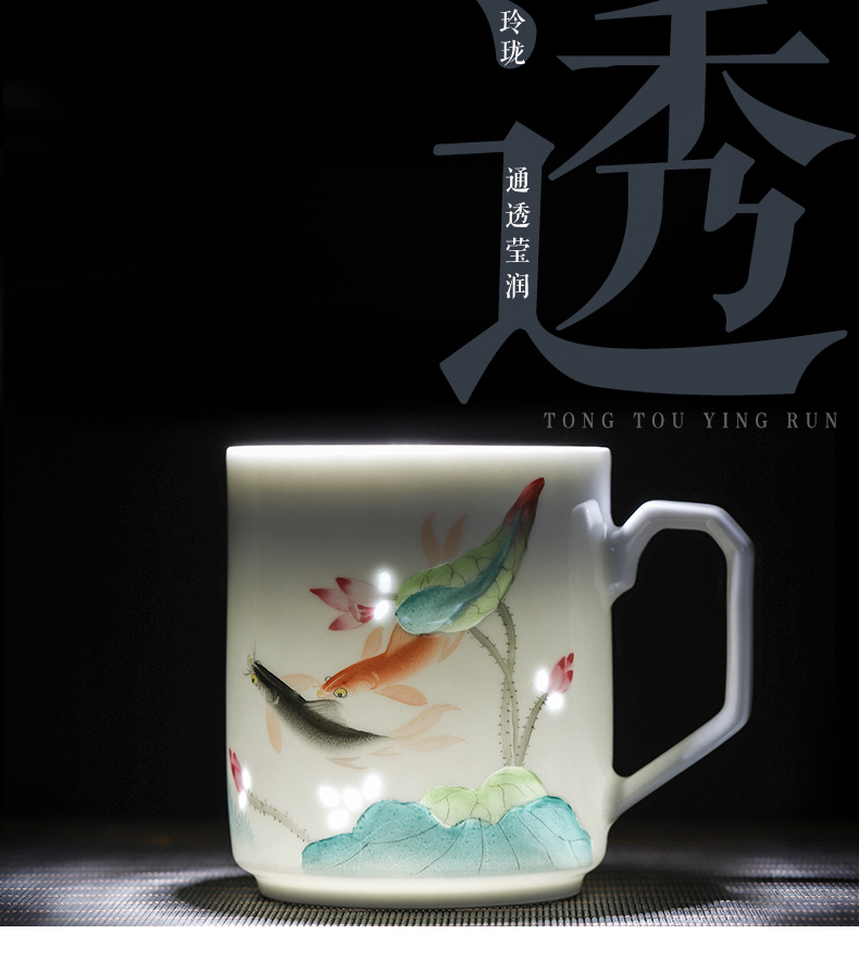 Jingdezhen ceramic cups pure hand - made cover cup of big capacity office mercifully cup gift cup lotus carp cup