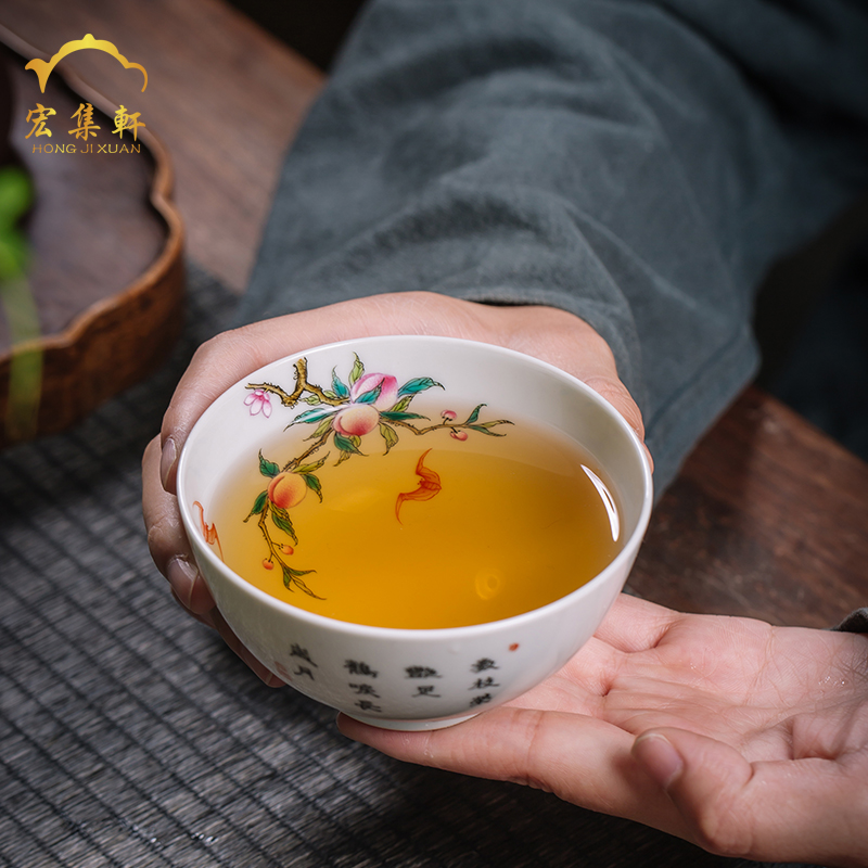 The Master cup single CPU single jingdezhen ceramic teacups hand - made teacup cranes peach cup small tea colored enamel inside and outside
