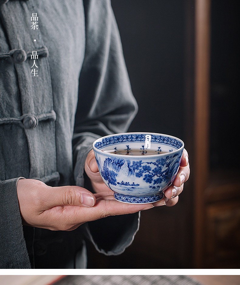 The Master cup single CPU jingdezhen porcelain tea set pure manual hand - made of blue and white porcelain teacup firewood landscape small tea cups