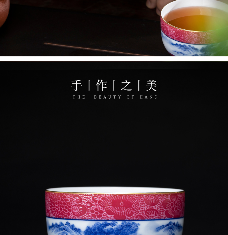 CPU master Cup of jingdezhen ceramic tea set kung fu tea set single CPU hand - made grilled pastel flowers carmine tea cups