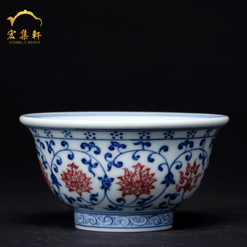 Jingdezhen porcelain youligong master cup hand - made imitated yongle bound branch lotus pressure hand cup cup bowl is blue and white