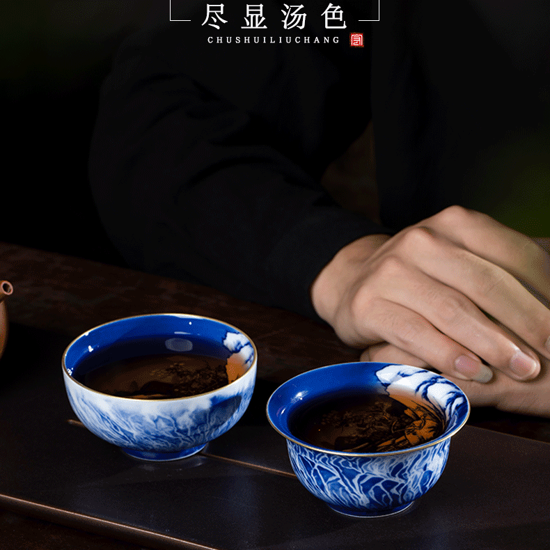 Jingdezhen kung fu tea cups master cup cup single cup sample tea cup hand - made paint snow blue and white porcelain cup