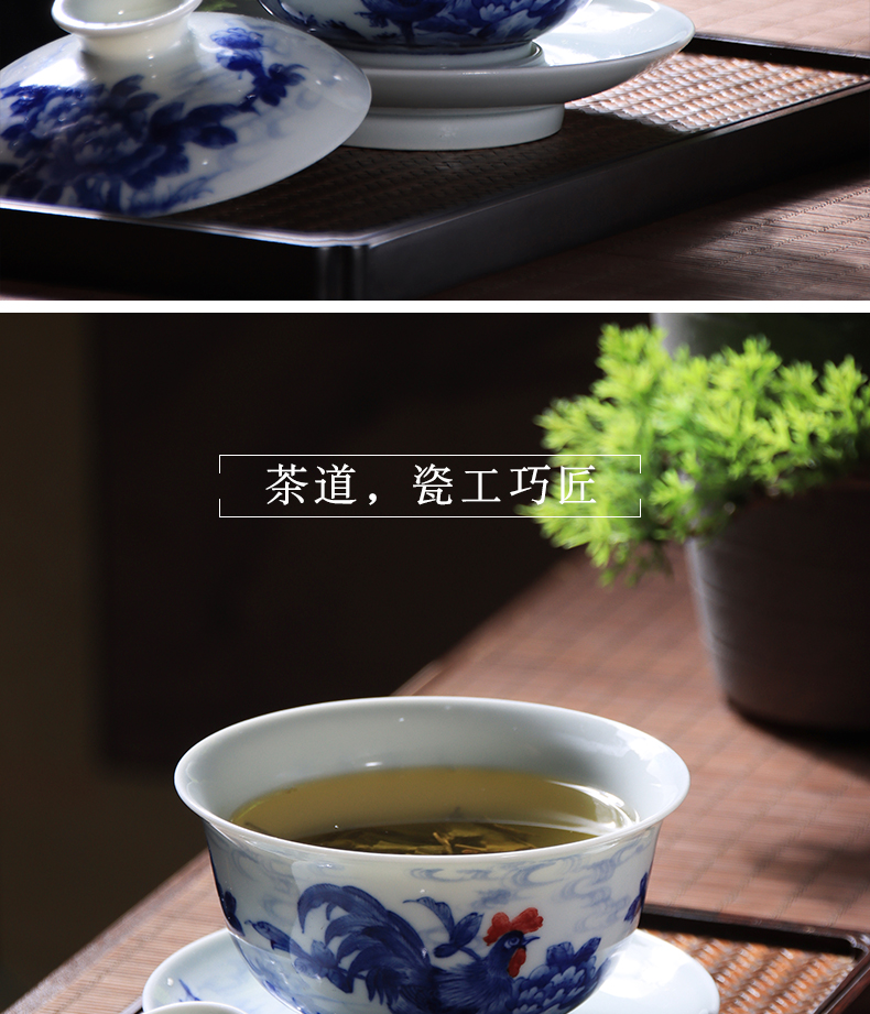 Checking out ceramic only three tureen tea bowl of jingdezhen blue and white youligong rooster tureen hand - made teacup tea set