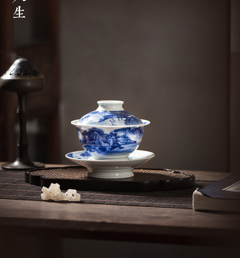 Tureen single hand - made scenery of jingdezhen blue and white only maintain three cup to burn large tea bowl of ceramic tea set