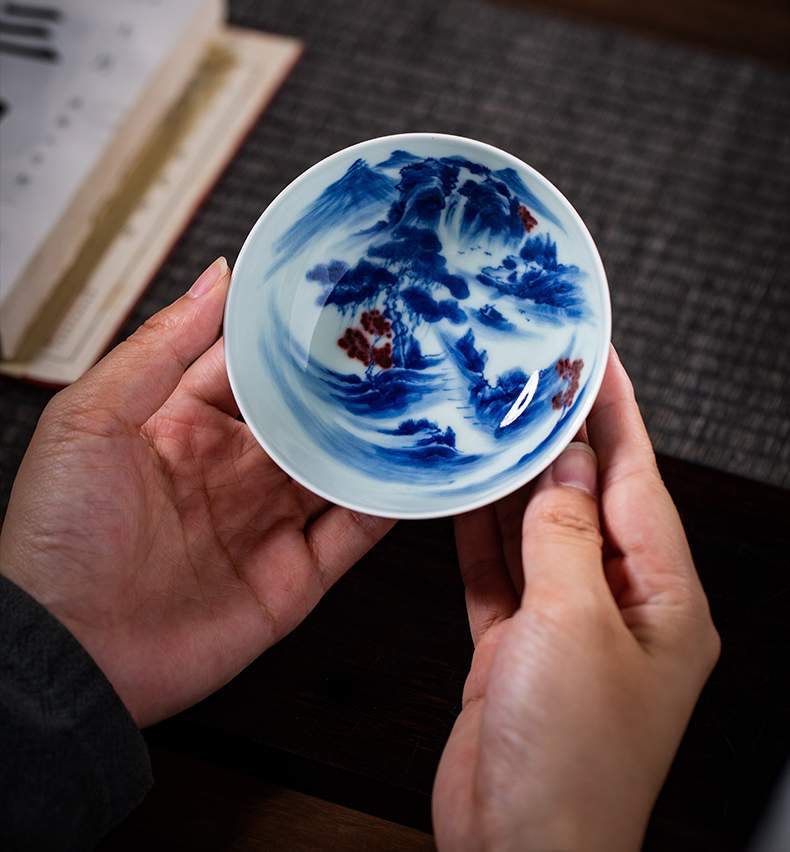 Blue and white tea youligong landscape, jingdezhen ceramic masters cup single CPU kung fu tea cups sample tea cup tea cup