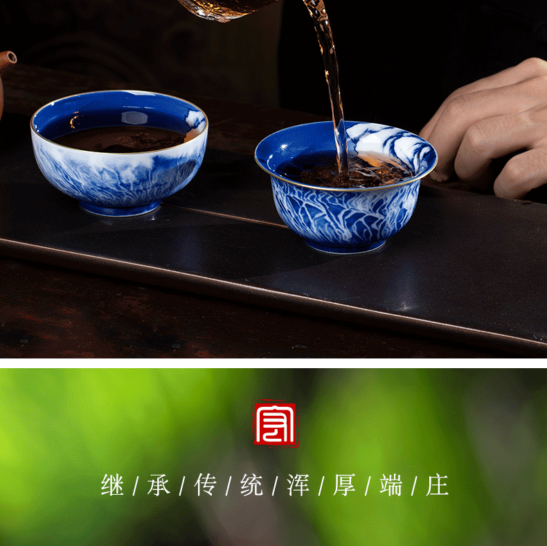 Jingdezhen kung fu tea cups master cup cup single cup sample tea cup hand - made paint snow blue and white porcelain cup