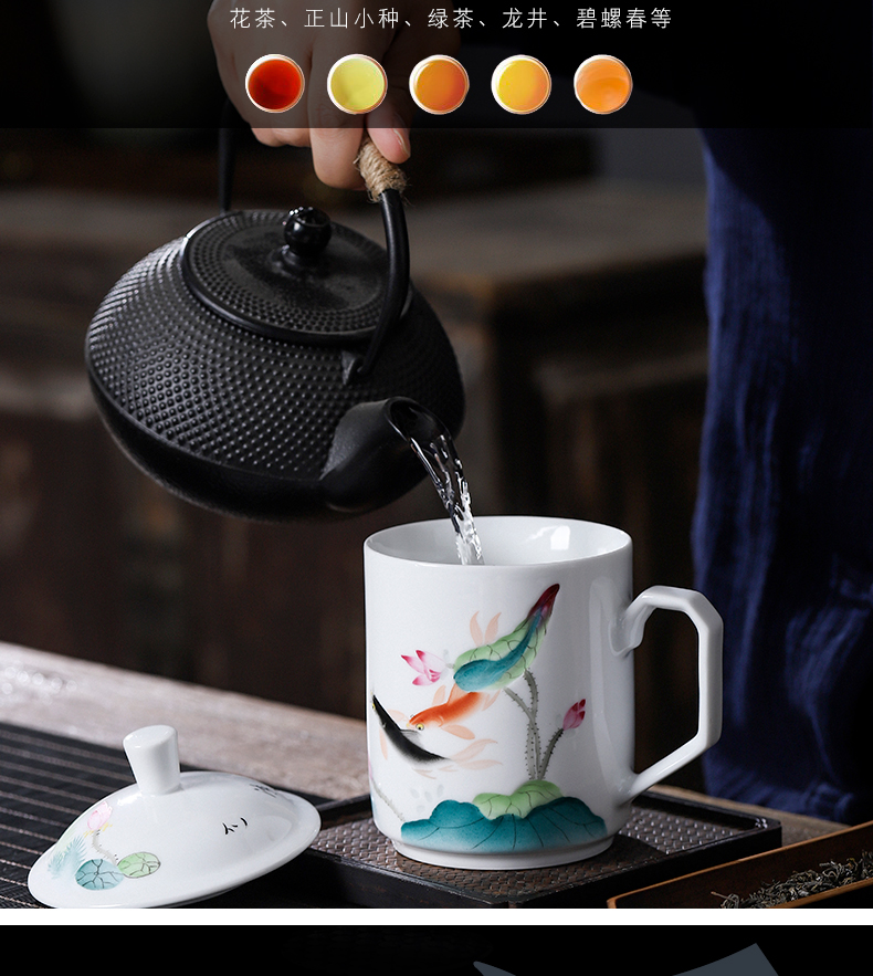 Jingdezhen ceramic cups pure hand - made cover cup of big capacity office mercifully cup gift cup lotus carp cup