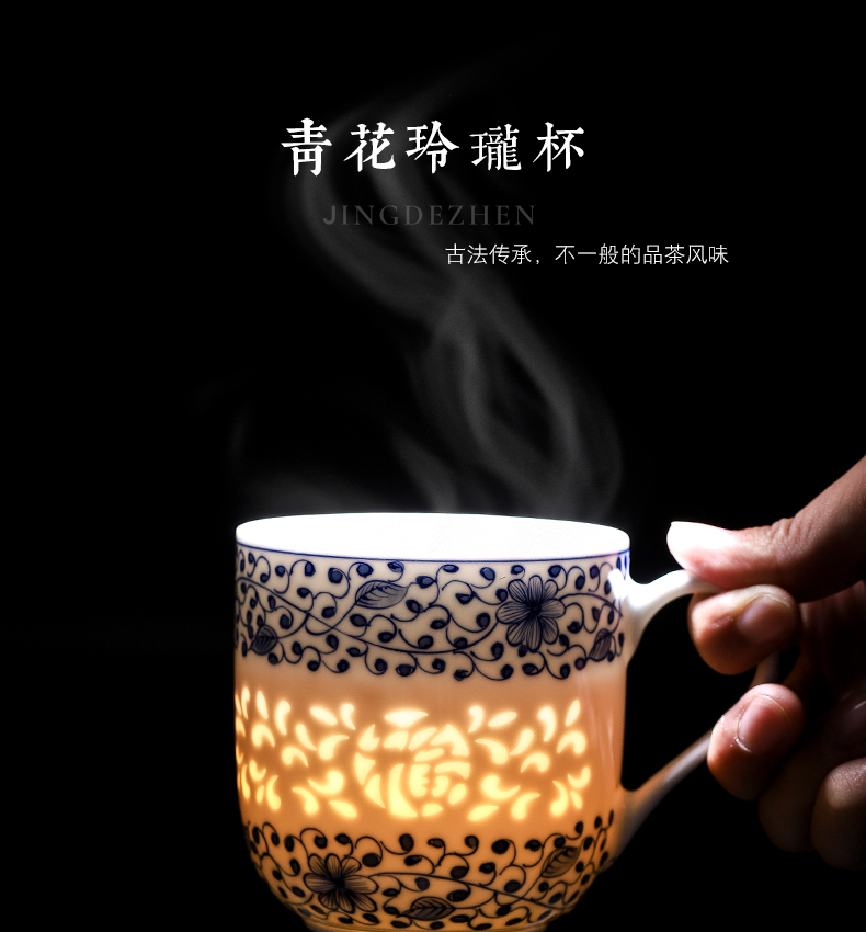 Jingdezhen porcelain hand - made cup pure manual office large capacity filter cover cup tea cup linglong cup under the glaze