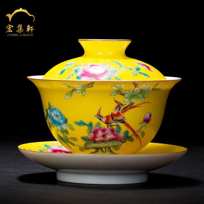 Jingdezhen ceramics tureen teacups hand - made pastel large three cup see colour tea bowl bowl manual pick flowers