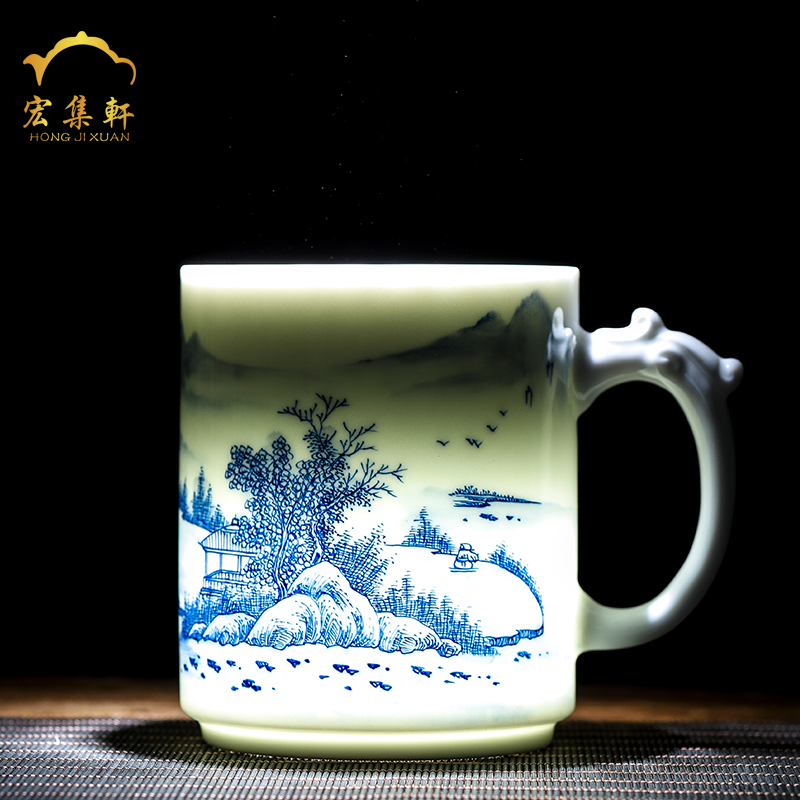Jingdezhen porcelain teacup tea cup office take cover hand - made scenery male large capacity high water cup