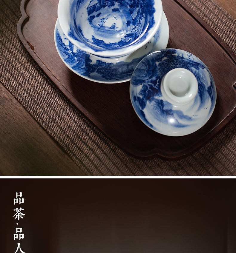 Tureen single hand - made scenery of jingdezhen blue and white only maintain three cup to burn large tea bowl of ceramic tea set