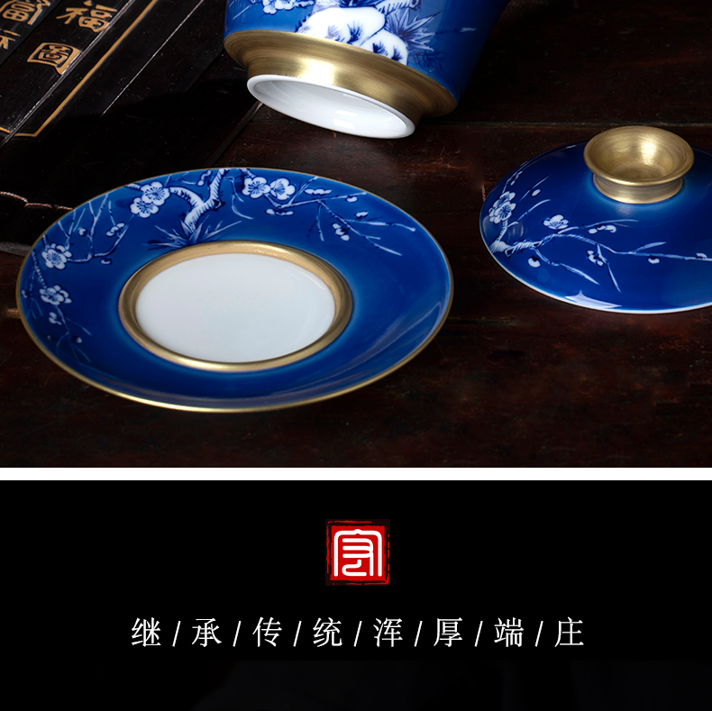 Jingdezhen blue and white painting of flowers and tea tureen hand - made ceramic tea tureen large bowl of kung fu tea set three tureen