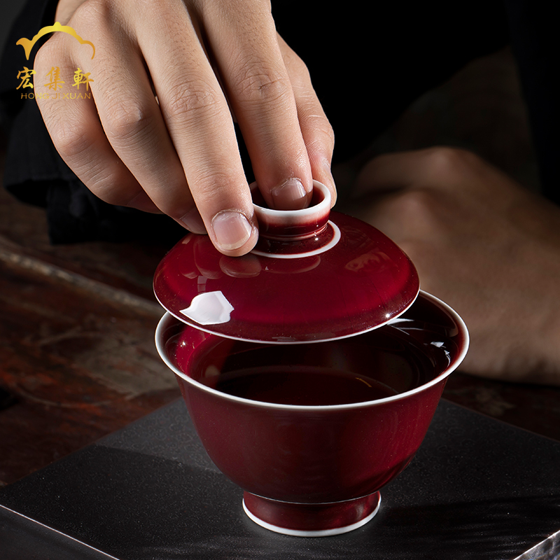 Ruby red three tureen tea bowl of jingdezhen ceramic cups only large red glaze teacup tureen tea bowl by hand