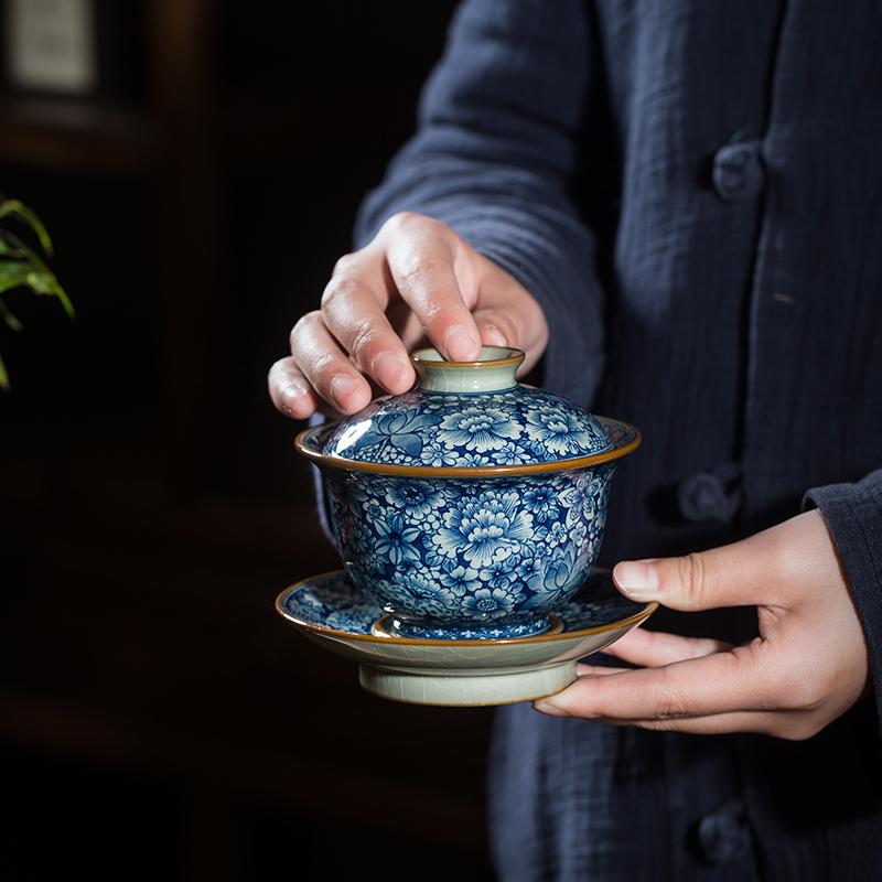 陶泥 青花陶磁蓋碗 愛蓮茶杯 壺承 茶碗 煎茶器 未使用品 汝窑青花缠枝莲手抓壶陶瓷盖碗茶壶高档防烫手茶具