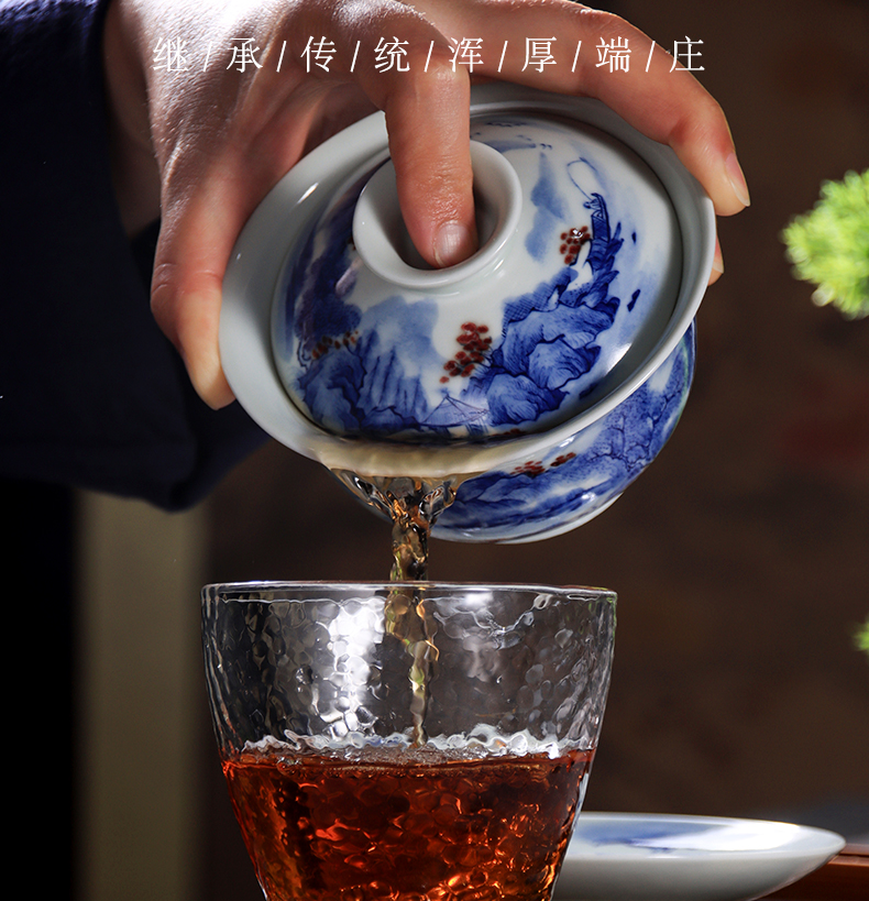 Jingdezhen blue and white youligong tureen tea bowl manual hand - made large landscape three tureen kung fu tea set