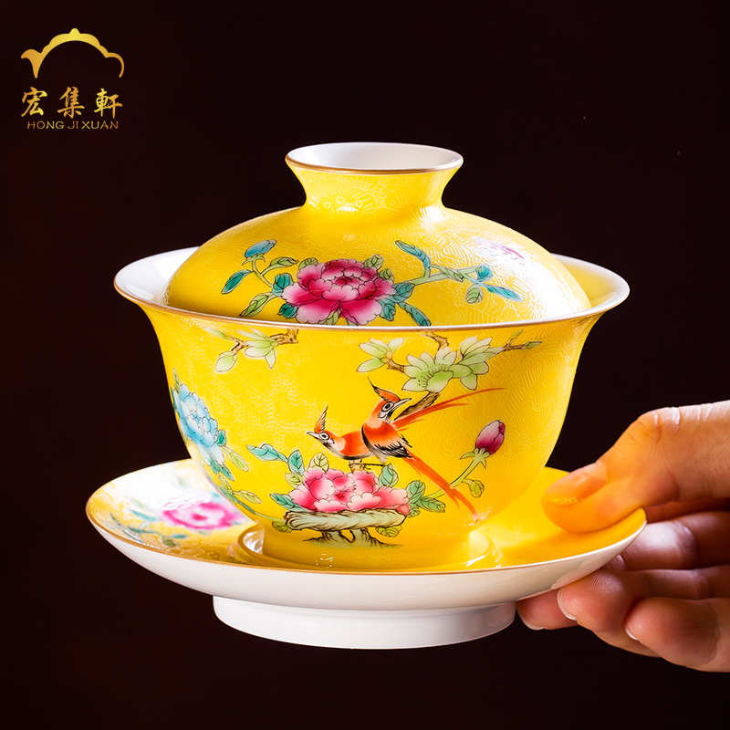 Jingdezhen ceramics tureen teacups hand - made pastel large three cup see colour tea bowl bowl manual pick flowers