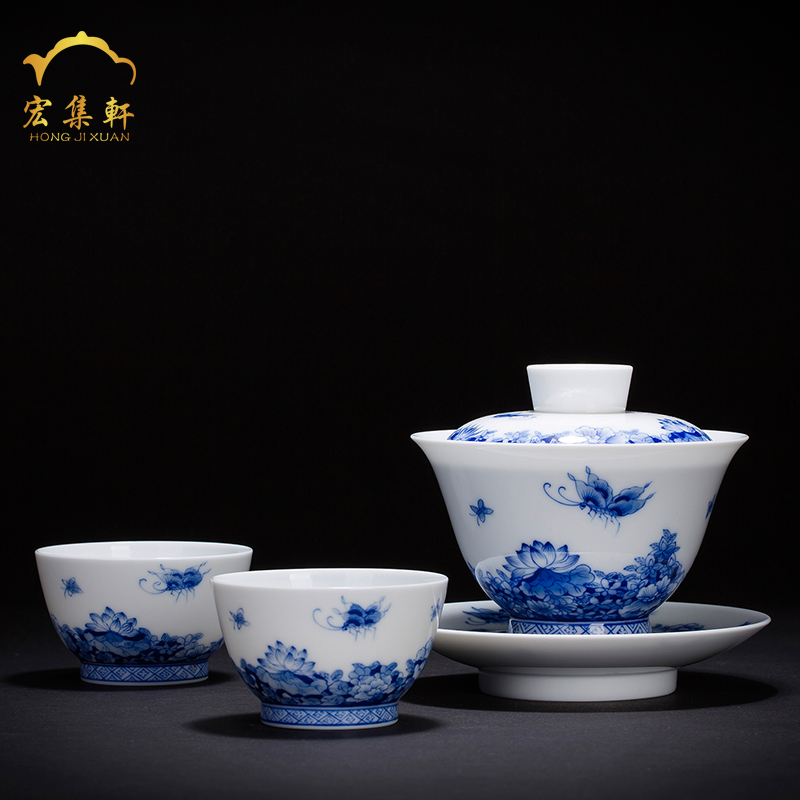 Blue tureen jingdezhen ceramic kung fu tea set hand - made only three tureen to use large three cup tea bowl