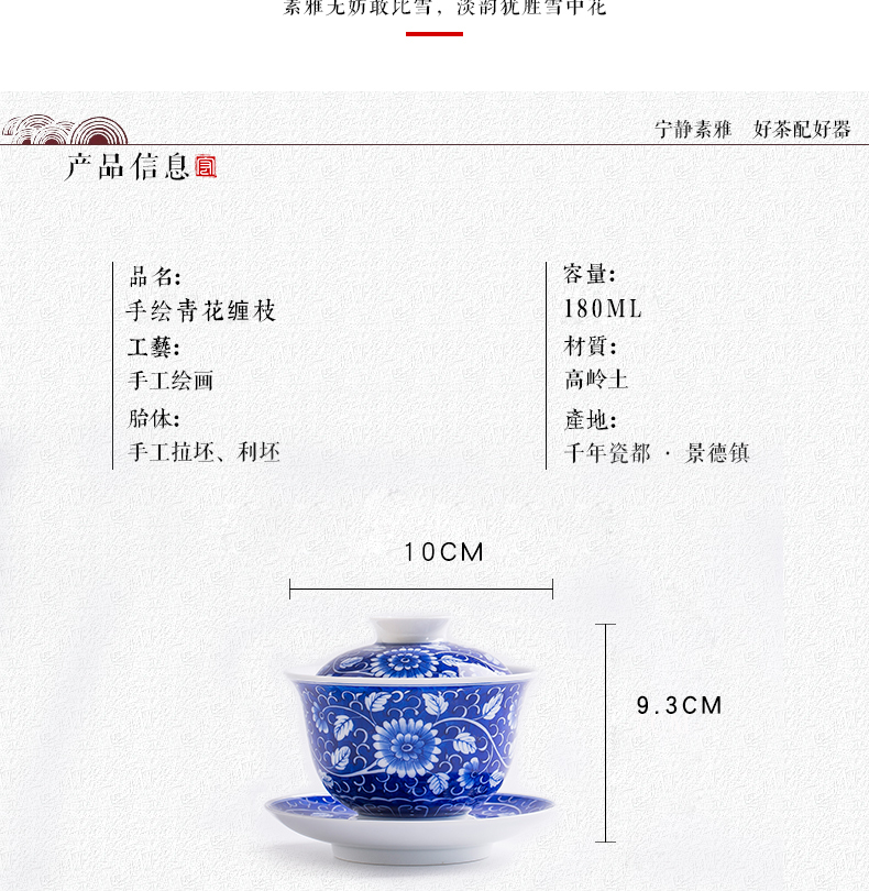 Tureen tea cups of jingdezhen ceramic only three large blue and white tea cup bowl hand - made ancient bowl lotus flower