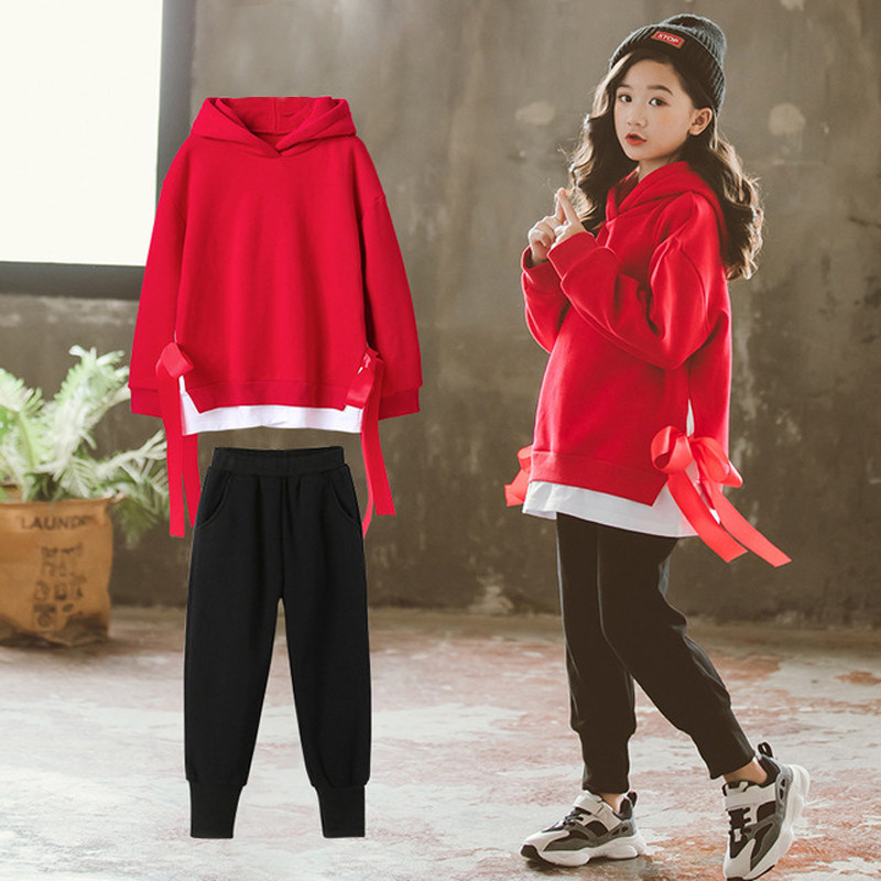 Girls plush set red 2022 new autumn/winter mid-year maternity year thickened sports sweatshirt two-piece set