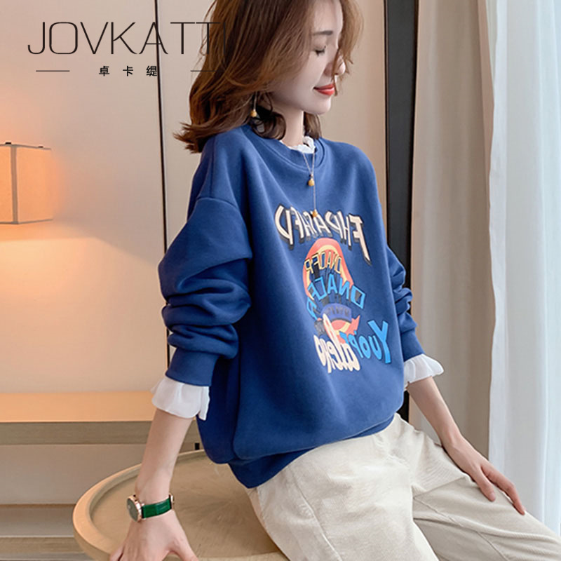 JOVKATTI pure fashion age-reducing loose version sweater daily commuting all-match plus velvet thickened printed top women